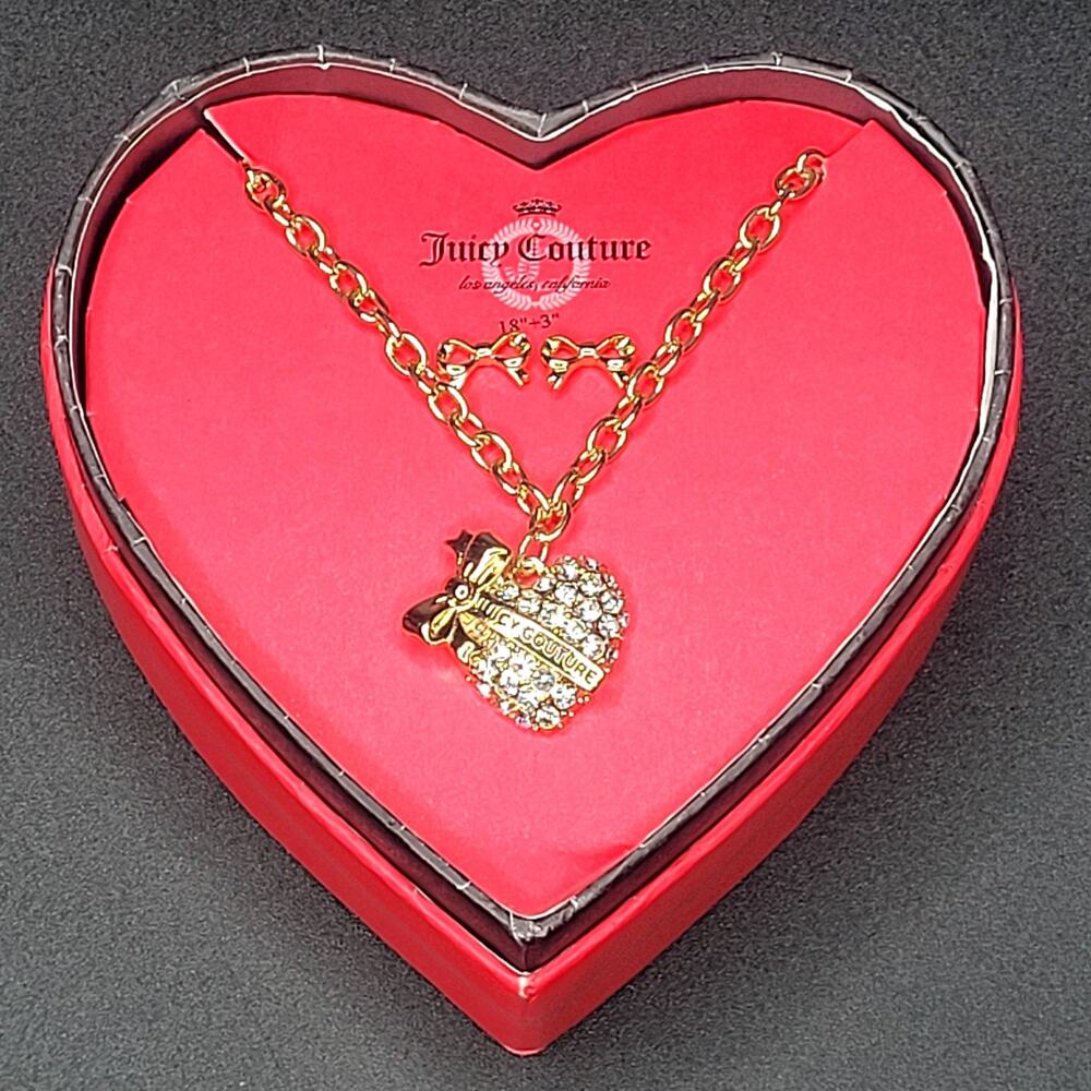 Juicy Couture‎ Gold Heart Bows Faux Diamonds Necklace Earring Set Coquette NIB